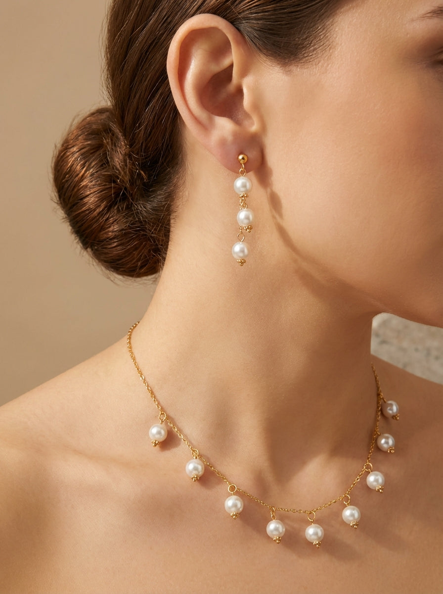 Gold Plated Pearl Drop Necklace and Earrings Set