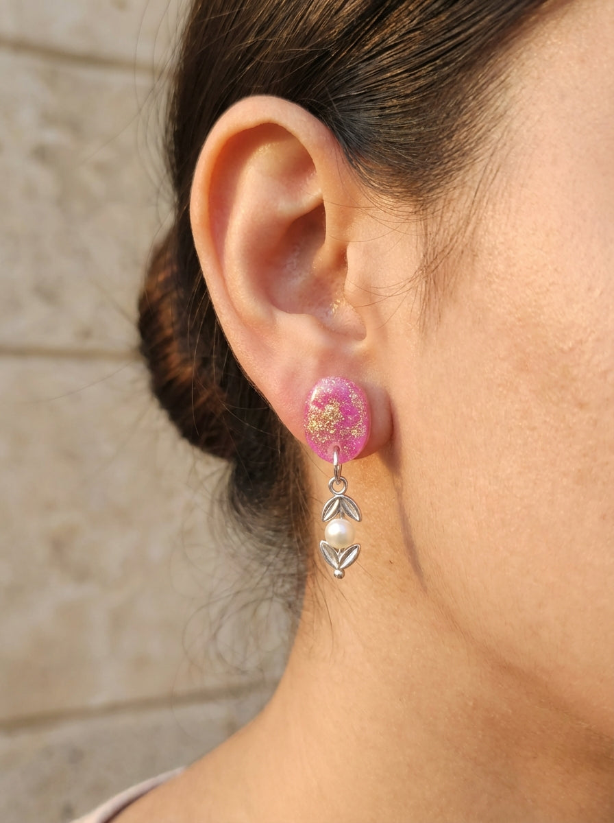 Pink Resin & Pearl Earrings with Silver Colour Heart Details