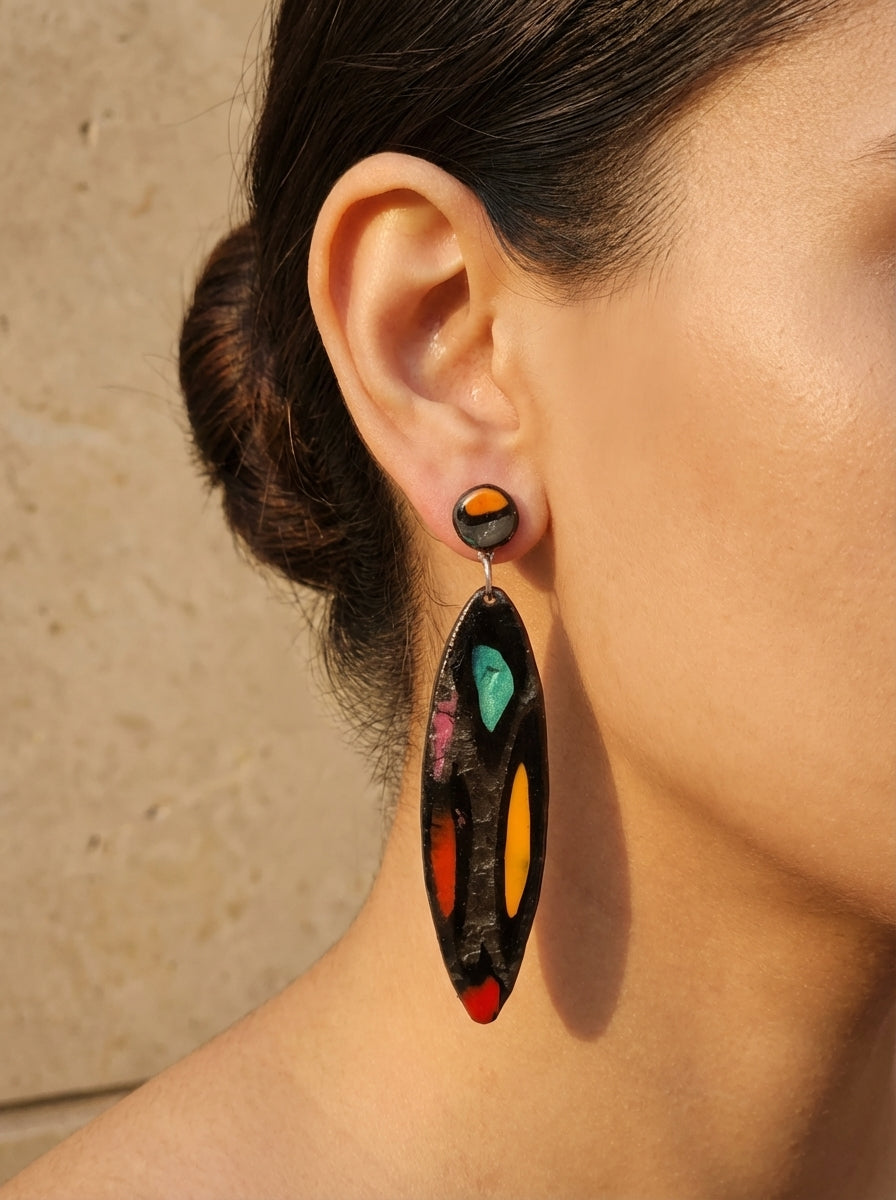 Long Earrings with Metallic Black, Orange, Red and Teal Accents