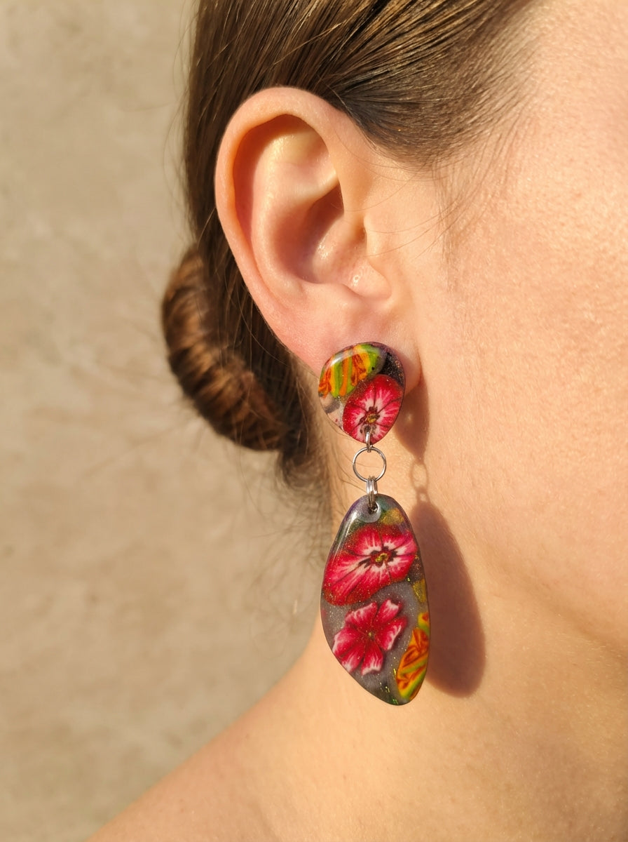 Handcrafted Clay Floral Earrings with Pressed Flowers