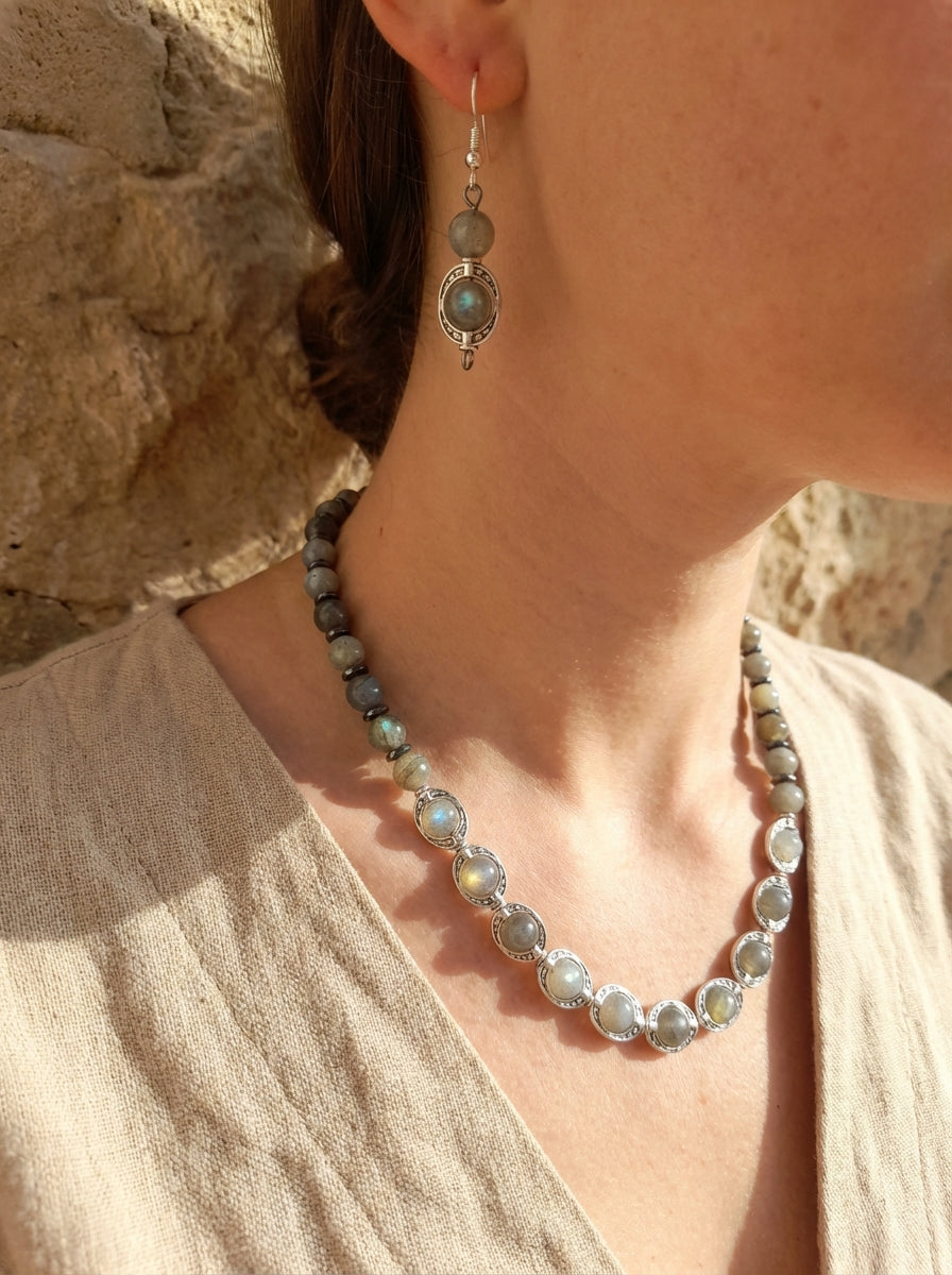 Labradorite Necklace and Earrings Set with Silver-Tone Settings
