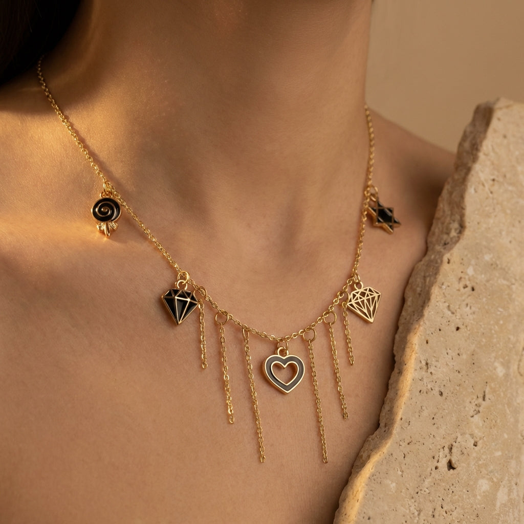 Gold-Plated Charm Necklace with Cascading Chains & Mixed Symbols
