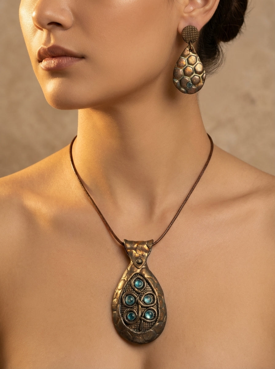 Textured Metallic Bronze Necklace and Drop Earrings Set