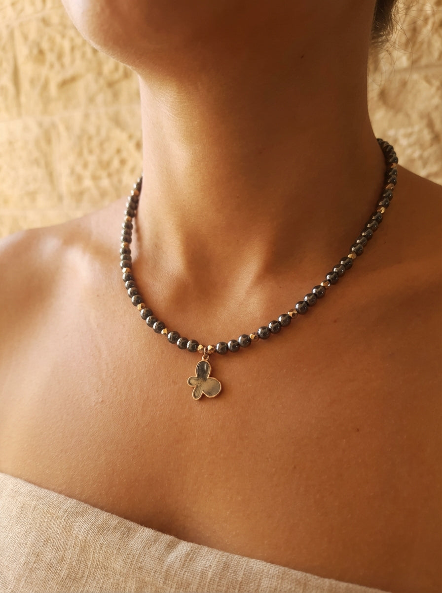 Hematite Bead Necklace with Gold-Tone Clover Charm