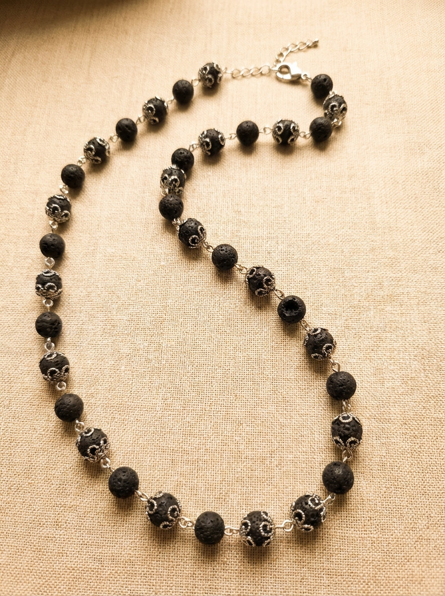 Genuine Lava Stone Necklace with Silver Accents