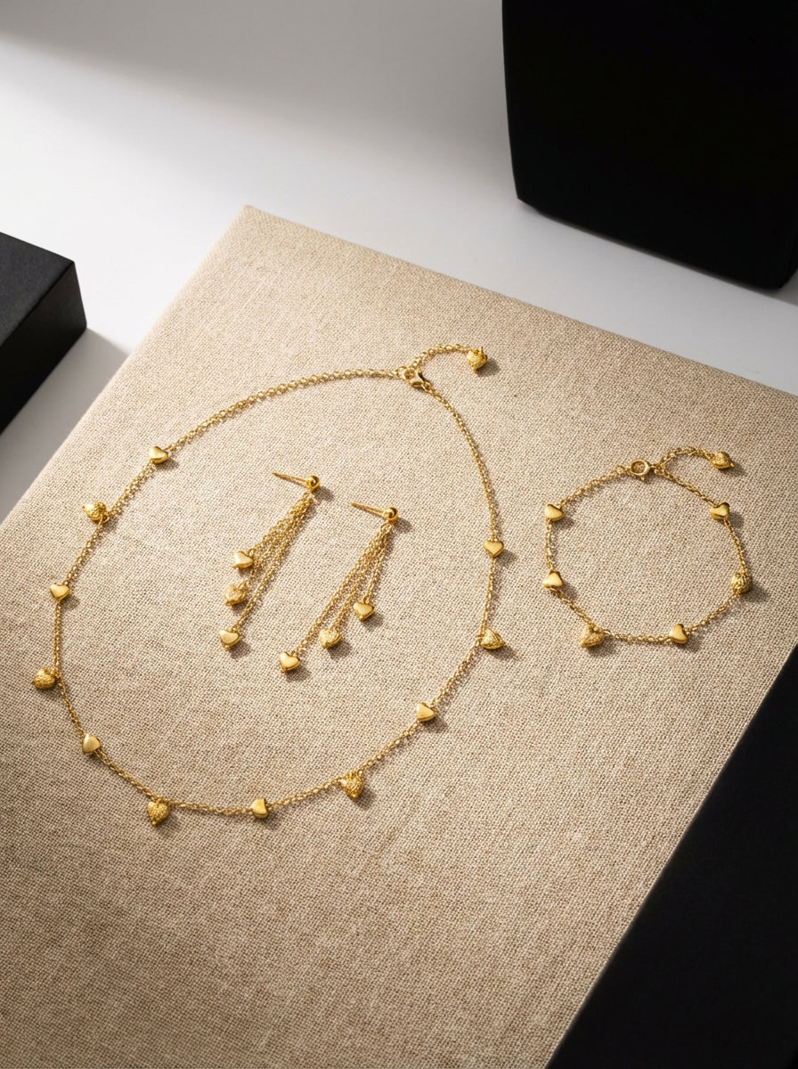 Gold-Plated Heart Charm Jewelry Set - Necklace, Bracelet & Earrings