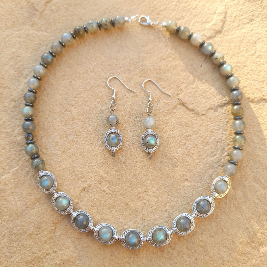 Labradorite Necklace and Earrings Set with Silver-Tone Settings