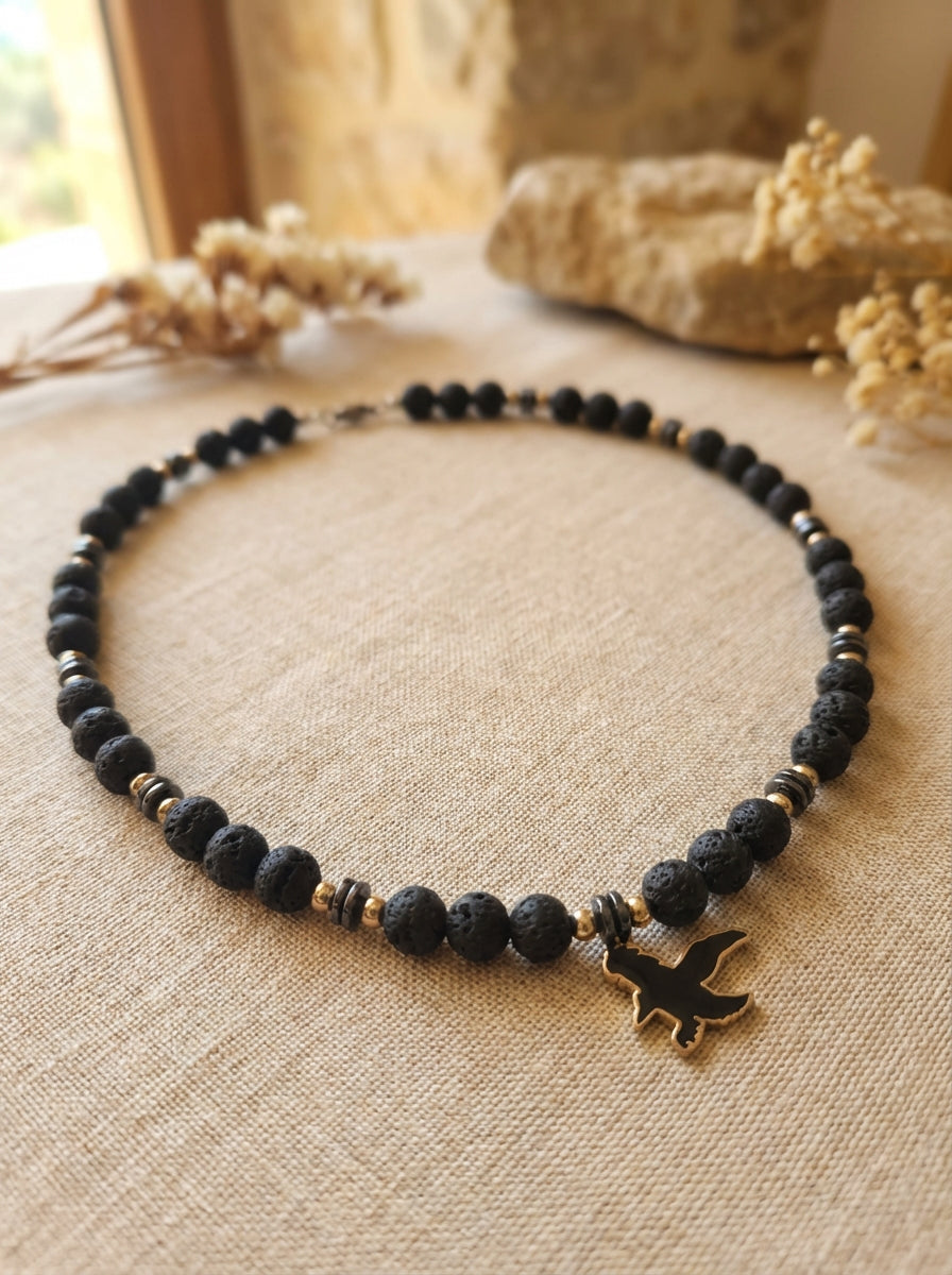 Lava Stone Necklace with Bronze Eagle Charm
