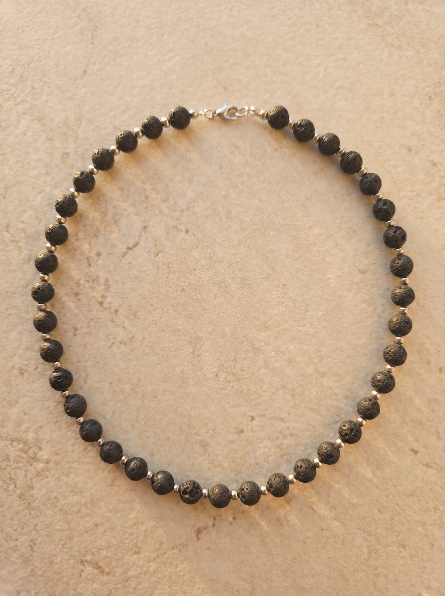 Lava Stone &amp; Silver Acrylic Beaded Necklace