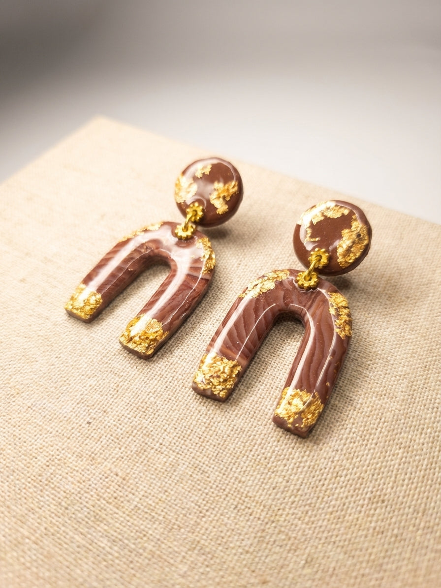 Chocolate & Gold Clay Arch Earrings – Handmade Statement Earrings