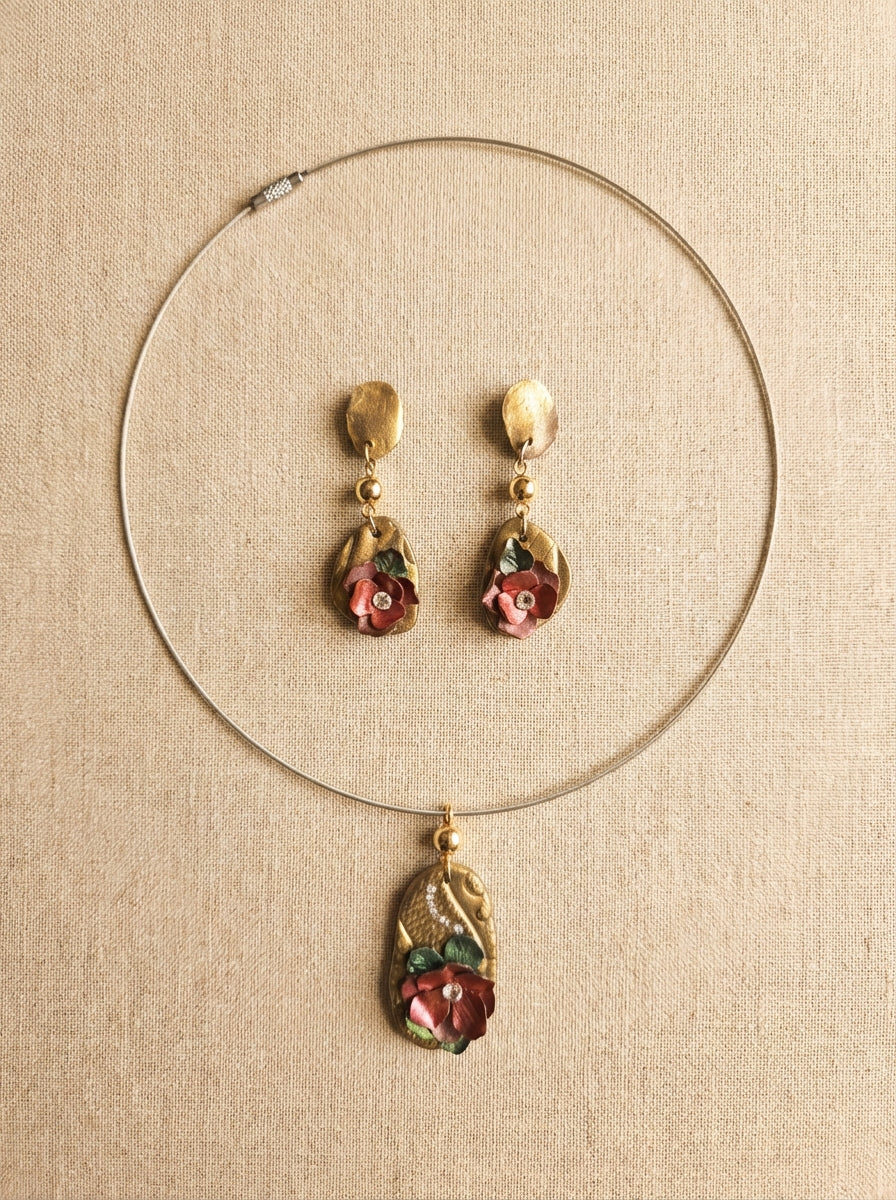 Handcrafted Clay Floral Necklace & Earrings Set with Gold Accents