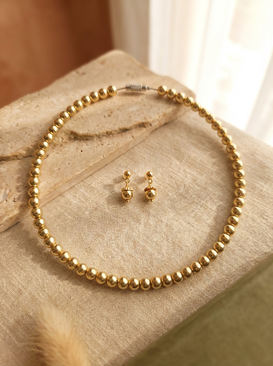 Gold-Plated Beaded Necklace and Stud Earrings Set