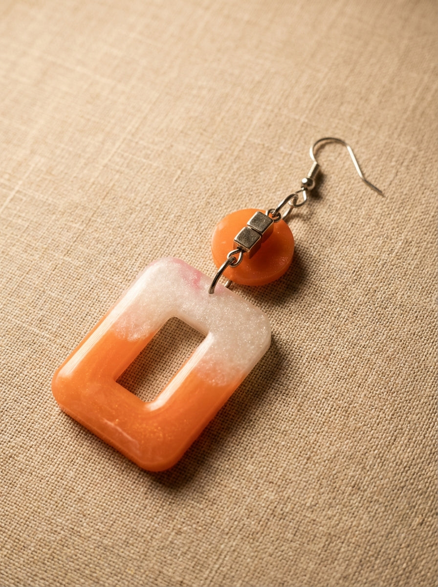 Orange & White Resin Drop Earrings with Glitter