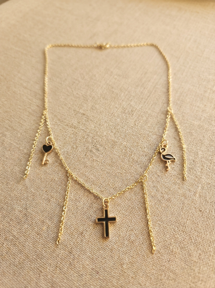 Gold-Plated Cross Charm Necklace with Cascading Chain Tassels