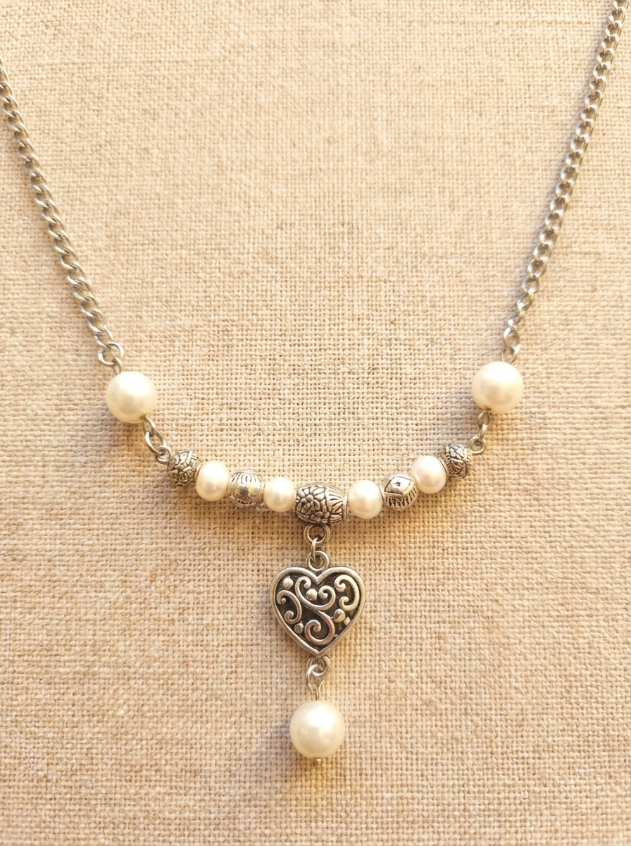 Freshwater Pearls & Filigree Heart Necklace - Silver Tone