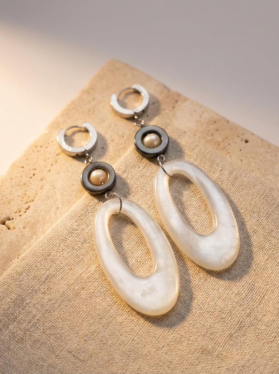 Pearl & Hematite Statement Earrings with Resin Links