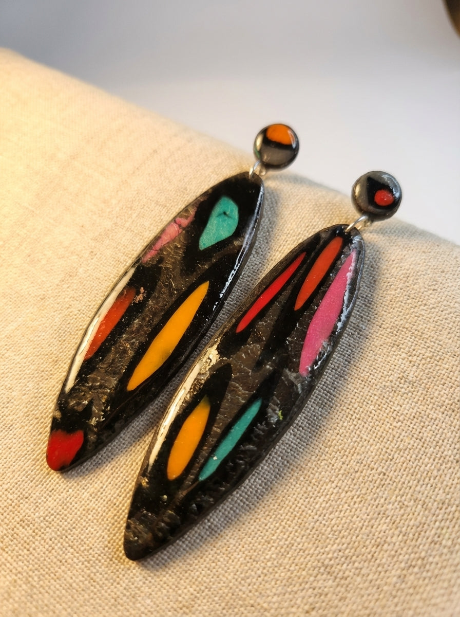 Long Earrings with Metallic Black, Orange, Red and Teal Accents