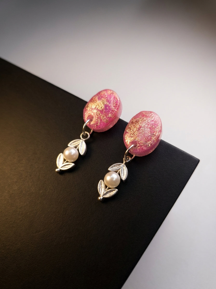 Pink Resin & Pearl Earrings with Silver Colour Heart Details