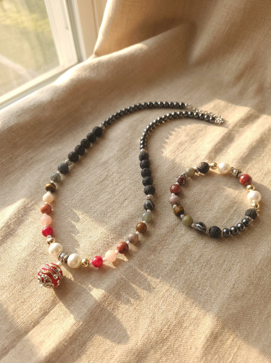 Handcrafted Gemstone & Pearl Beaded Necklace with Ornate Red Pendant