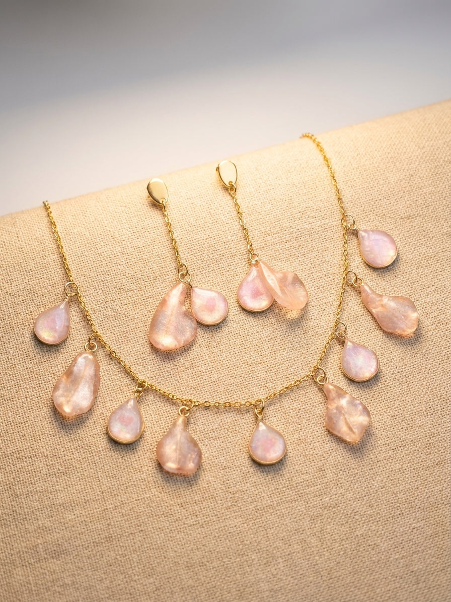 Blush Teardrop Resin Jewellery Set Necklace and Drop Earrings
