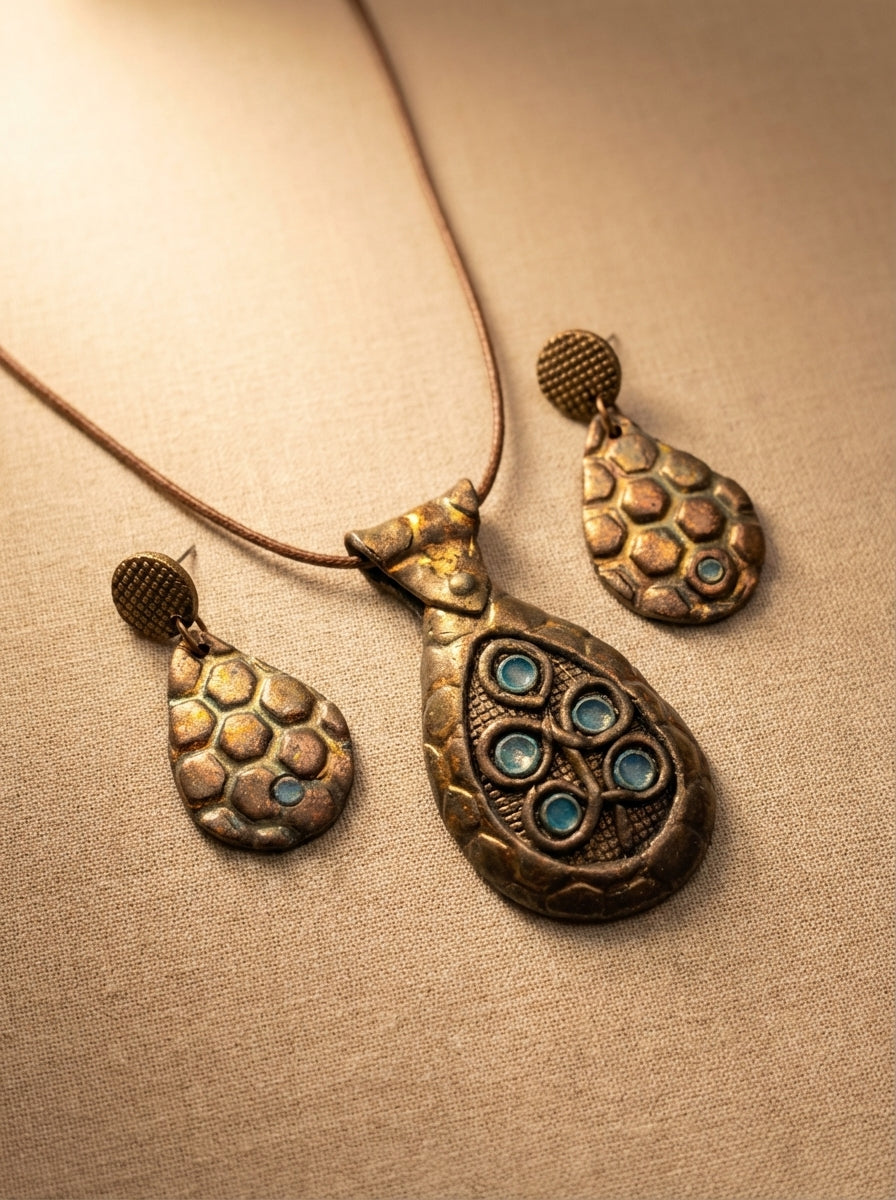Textured Metallic Bronze Necklace and Drop Earrings Set