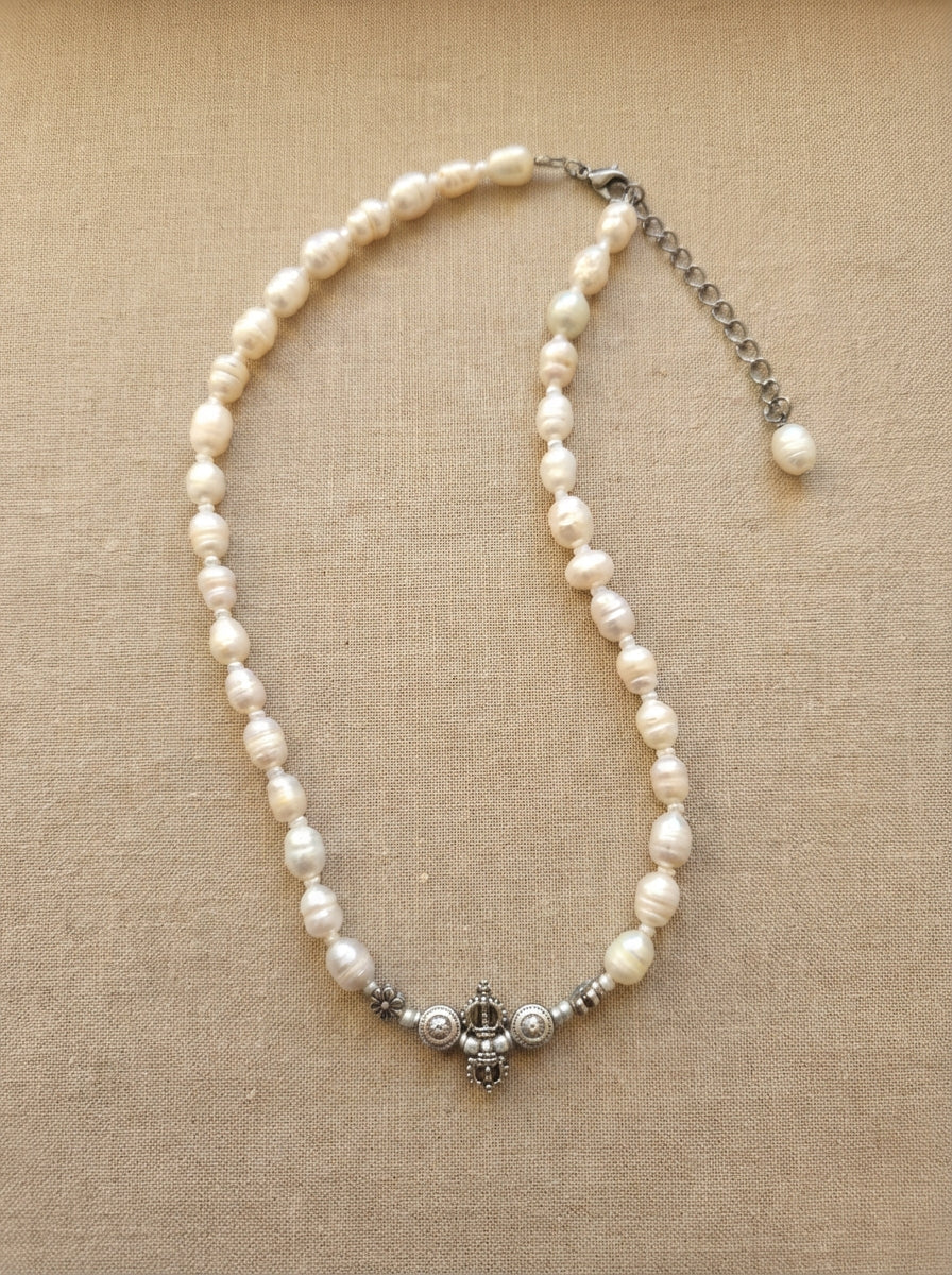 Freshwater Pearl Necklace with Silver Floral Accents