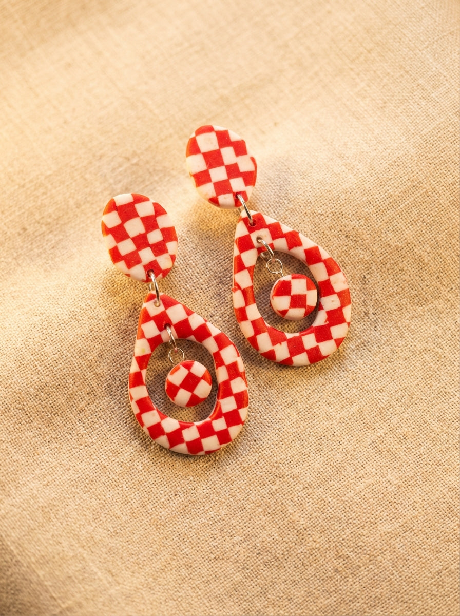 Handcrafted Red & White Checkerboard Clay Statement Earrings