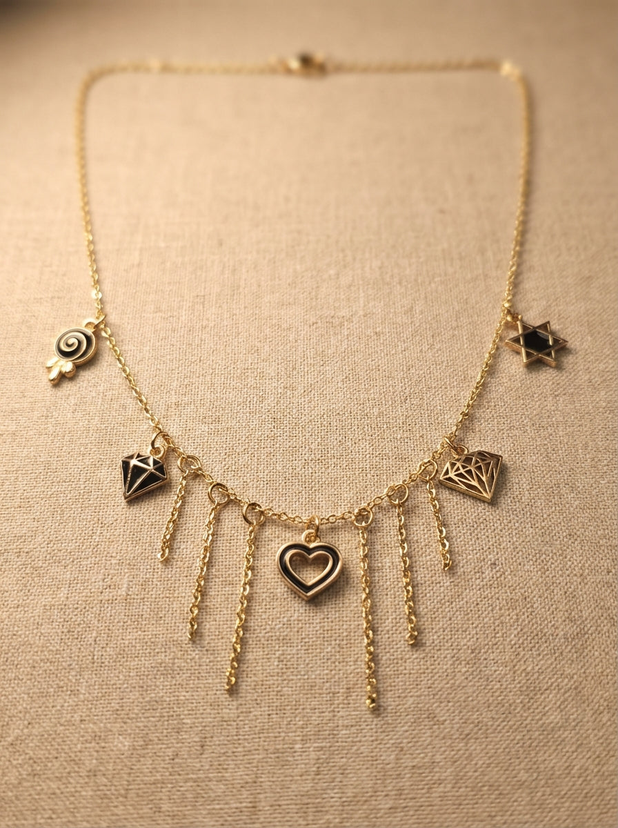 Gold-Plated Charm Necklace with Cascading Chains & Mixed Symbols