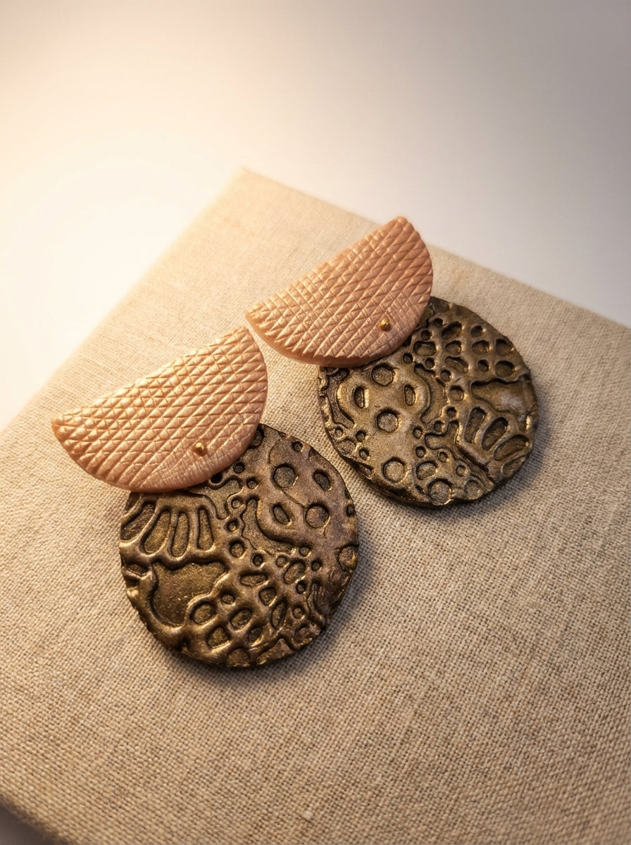 Rose Pink Metallic and Gold Textured Disc Earrings