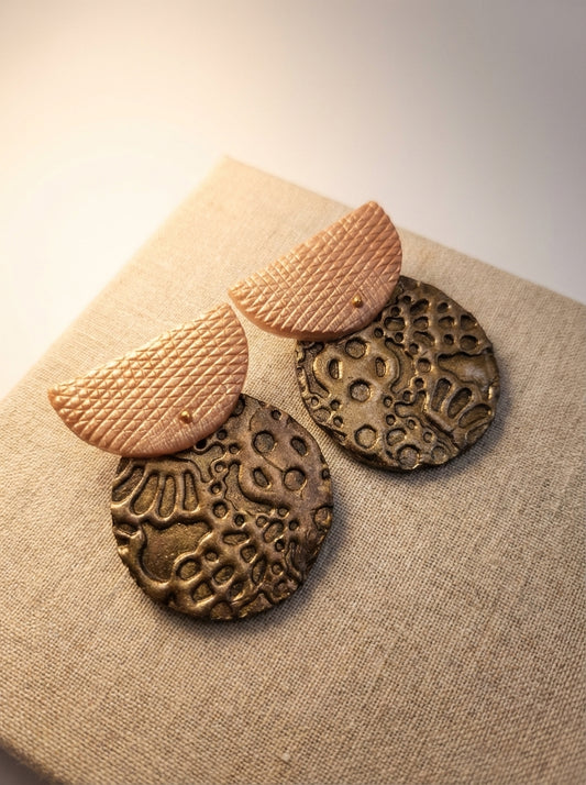 Rose Pink Metallic and Gold Textured Disc Earrings