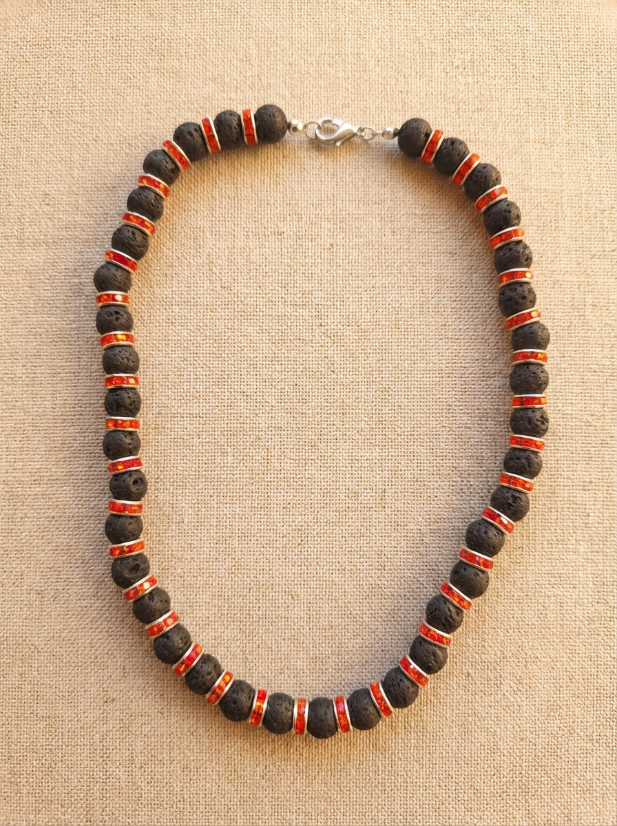 Lava Stone Necklace with Red Crystal Spacers