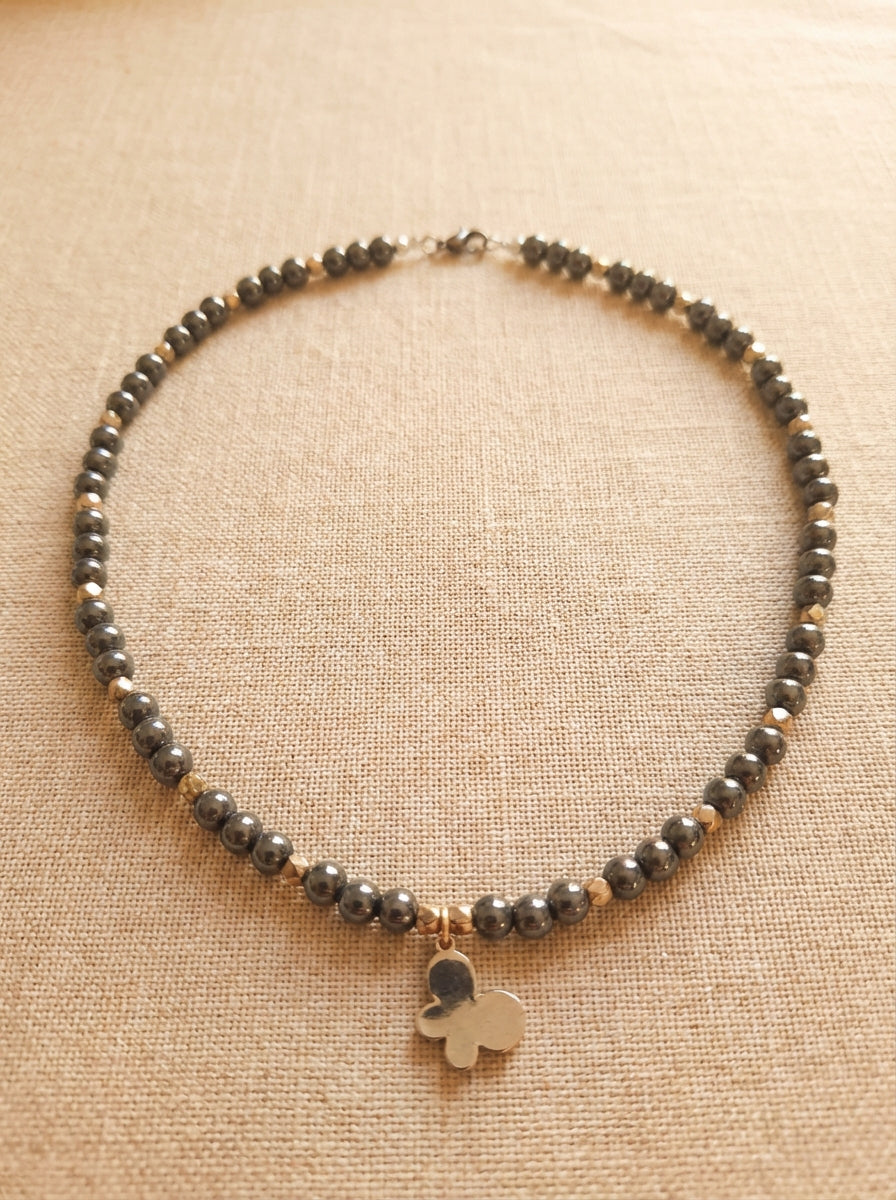 Hematite Bead Necklace with Gold-Tone Clover Charm