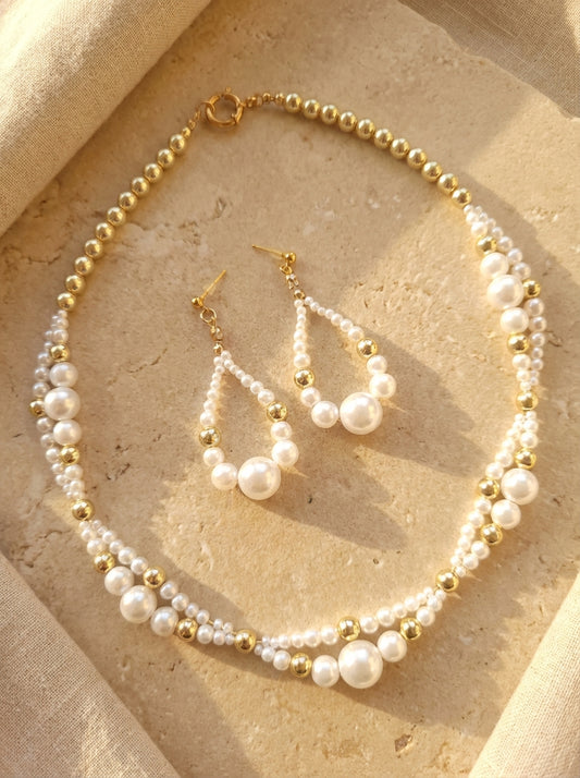 Pearl & Gold Hematite Necklace and Earrings Set