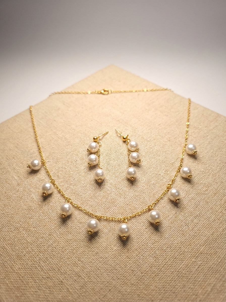 Gold Plated Pearl Drop Necklace and Earrings Set