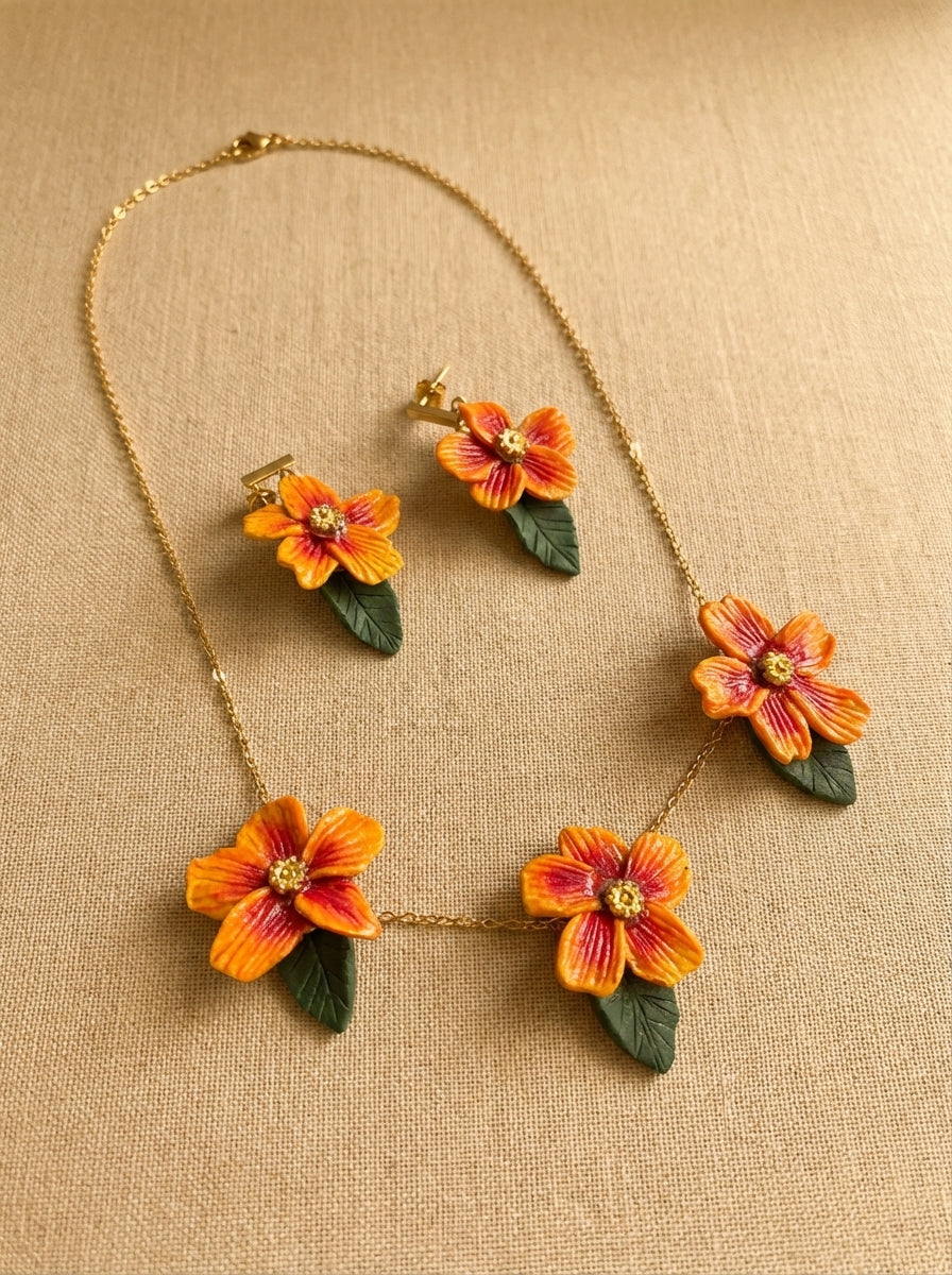 Luxe Orange Flower Necklace and Earrings Jewellery Set