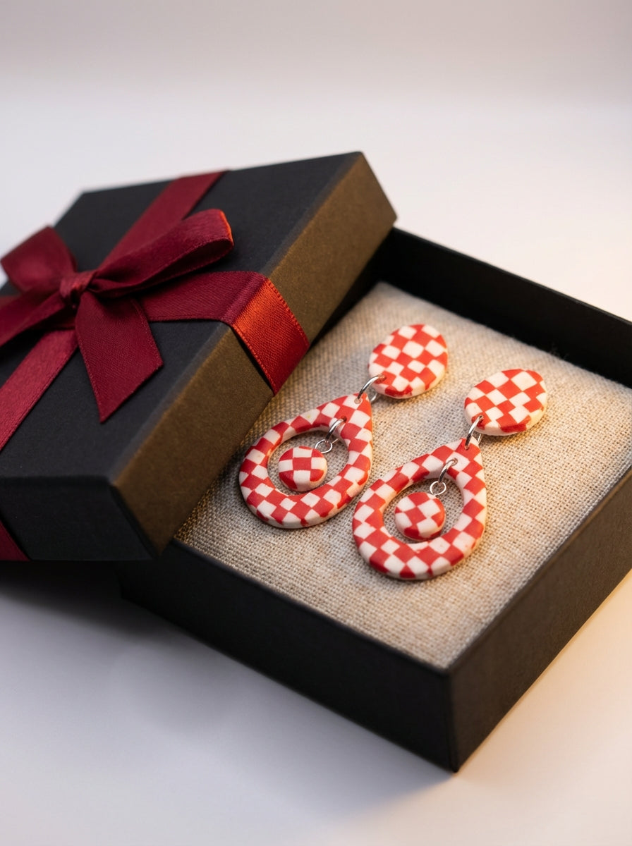 Handcrafted Red & White Checkerboard Clay Statement Earrings