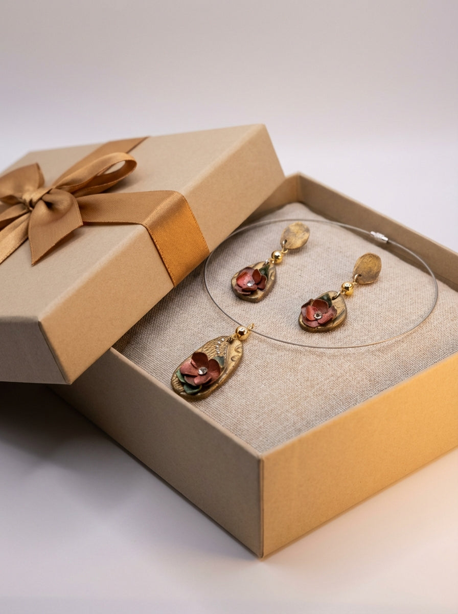 Handcrafted Clay Floral Necklace & Earrings Set with Gold Accents