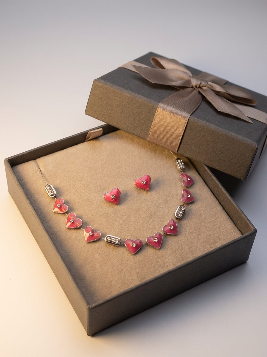 Crimson Hearts Resin Jewellery Set – Necklace & Stud Earrings