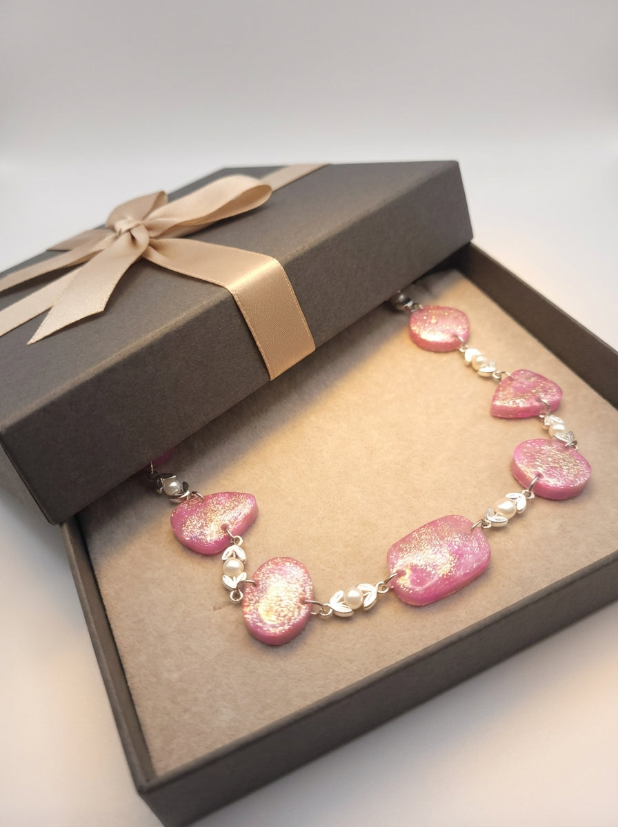 Handcrafted Pearl & Resin Necklace with Golden Accents