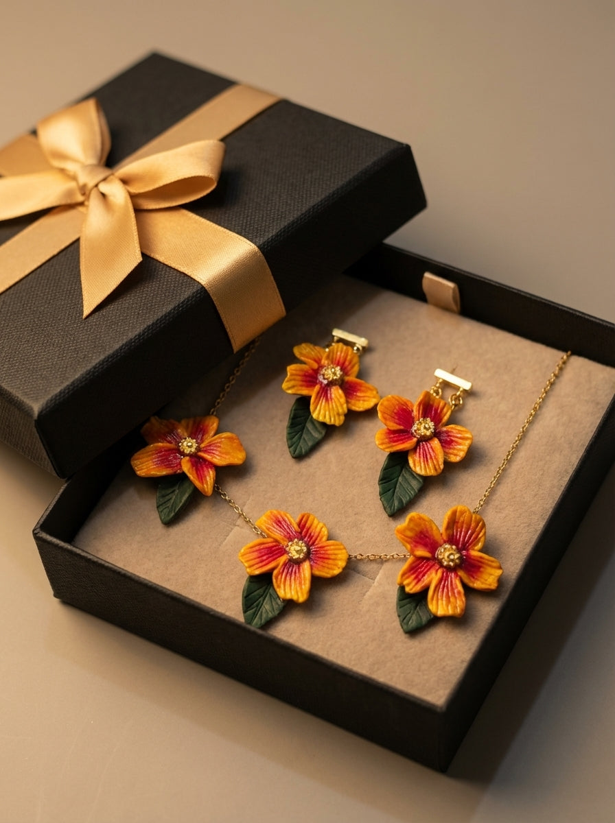 Luxe Orange Flower Necklace and Earrings Jewellery Set