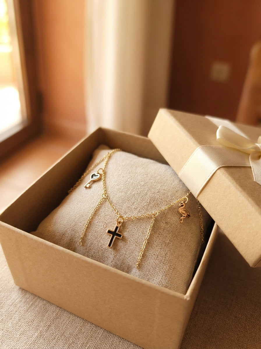 Gold-Plated Cross Charm Necklace with Cascading Chain Tassels