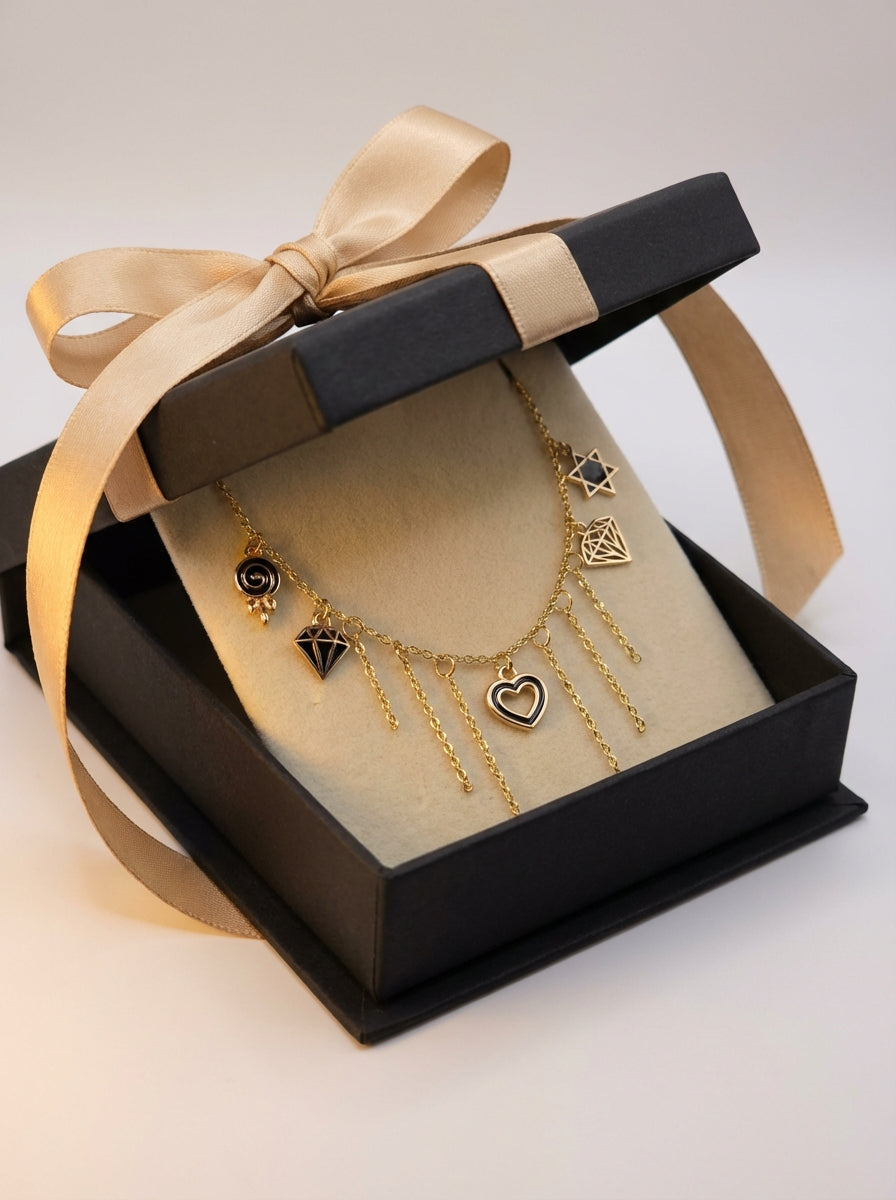 Gold-Plated Charm Necklace with Cascading Chains & Mixed Symbols