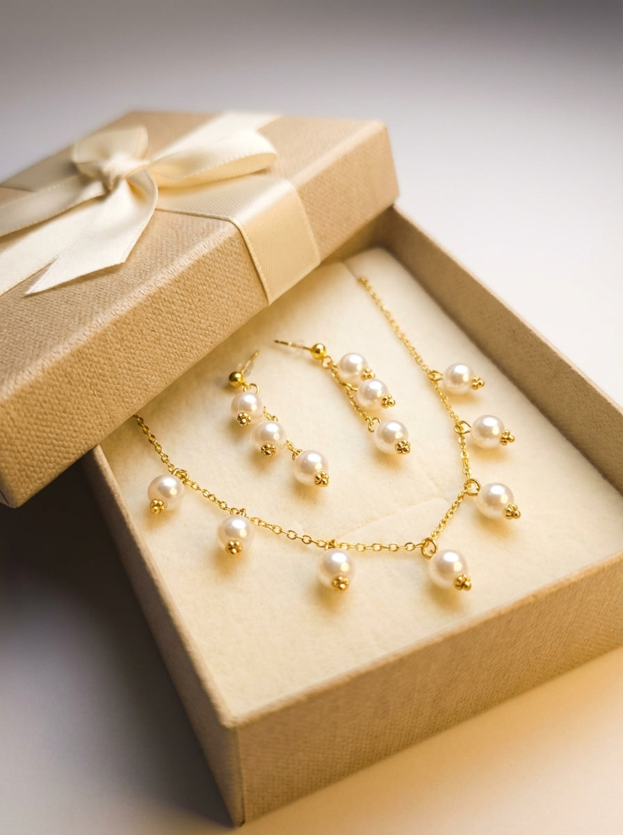 Gold Plated Pearl Drop Necklace and Earrings Set