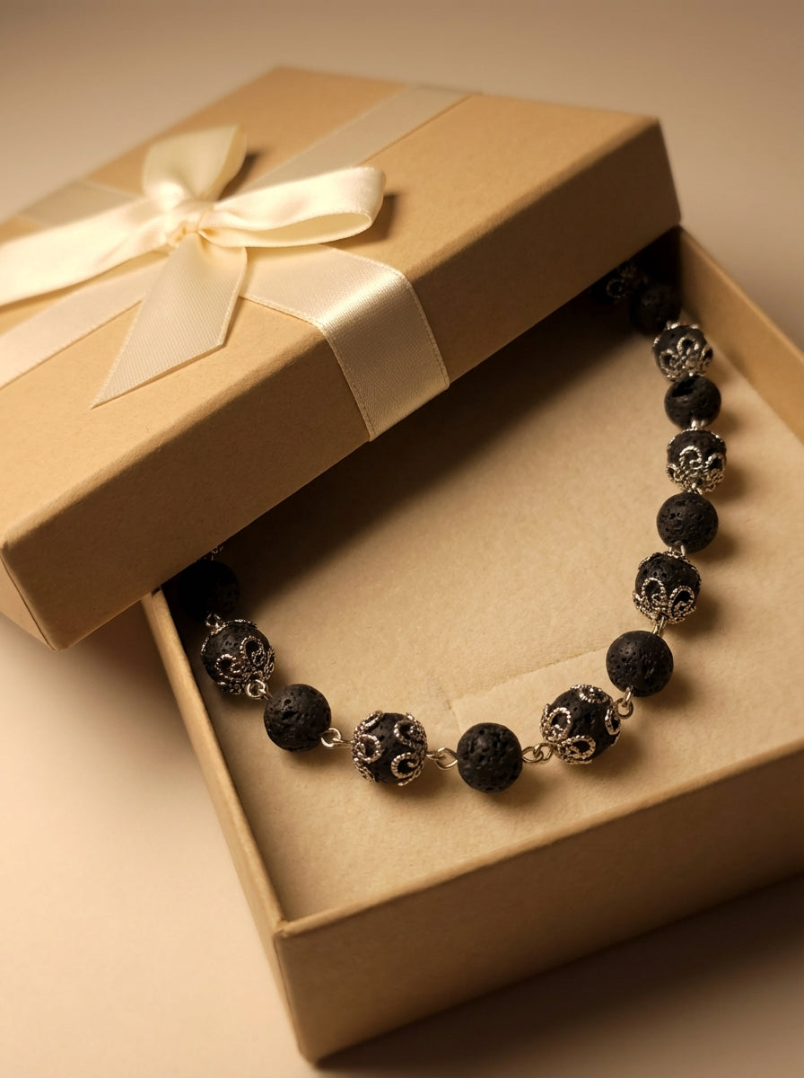 Genuine Lava Stone Necklace with Silver Accents