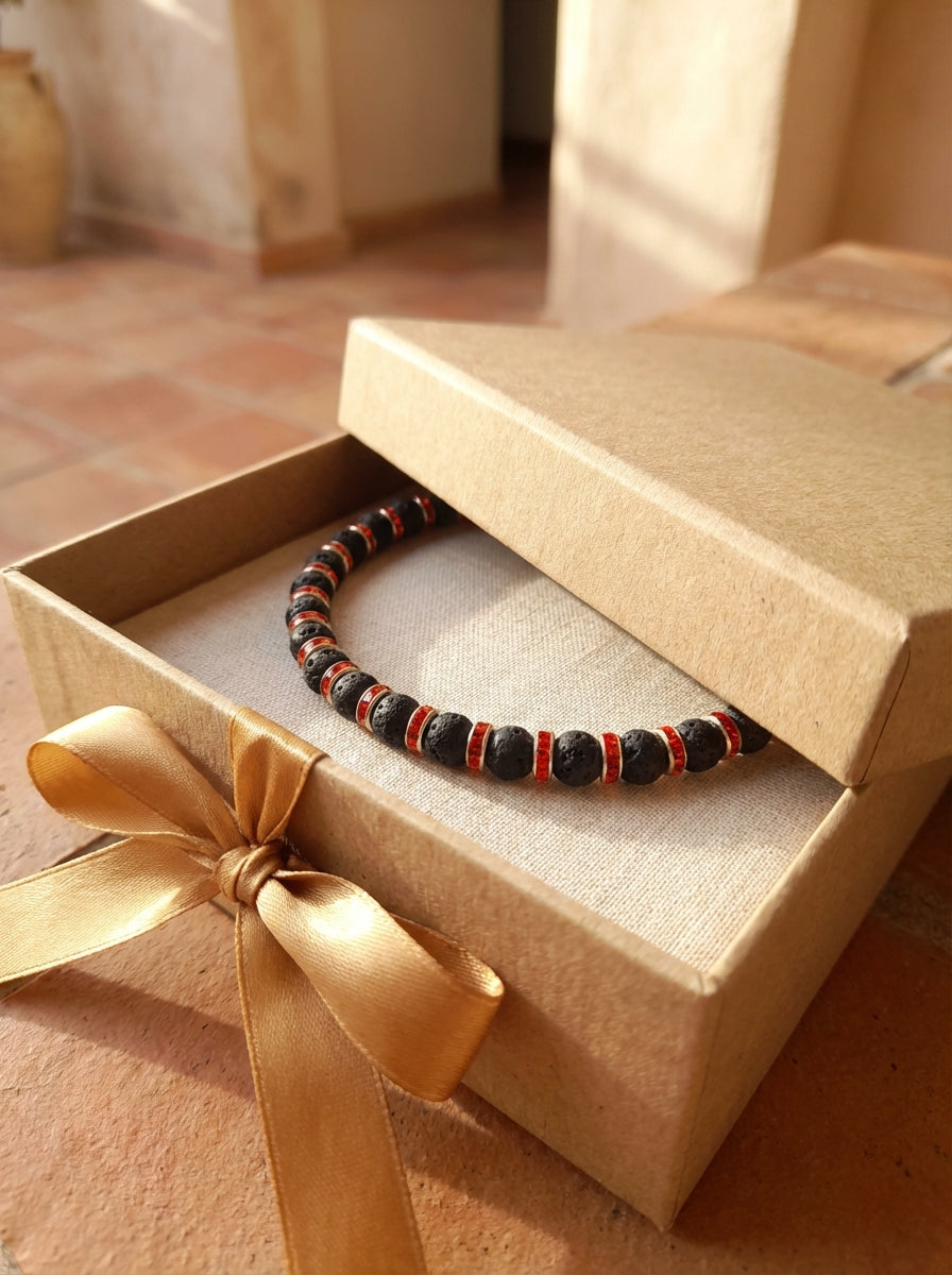 Lava Stone Necklace with Red Crystal Spacers