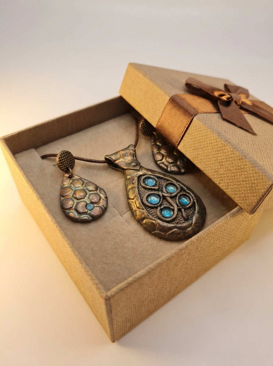 Textured Metallic Bronze Necklace and Drop Earrings Set