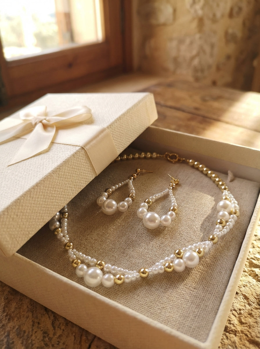 Pearl & Gold Hematite Necklace and Earrings Set