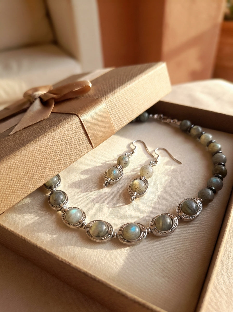 Labradorite Necklace and Earrings Set with Silver-Tone Settings