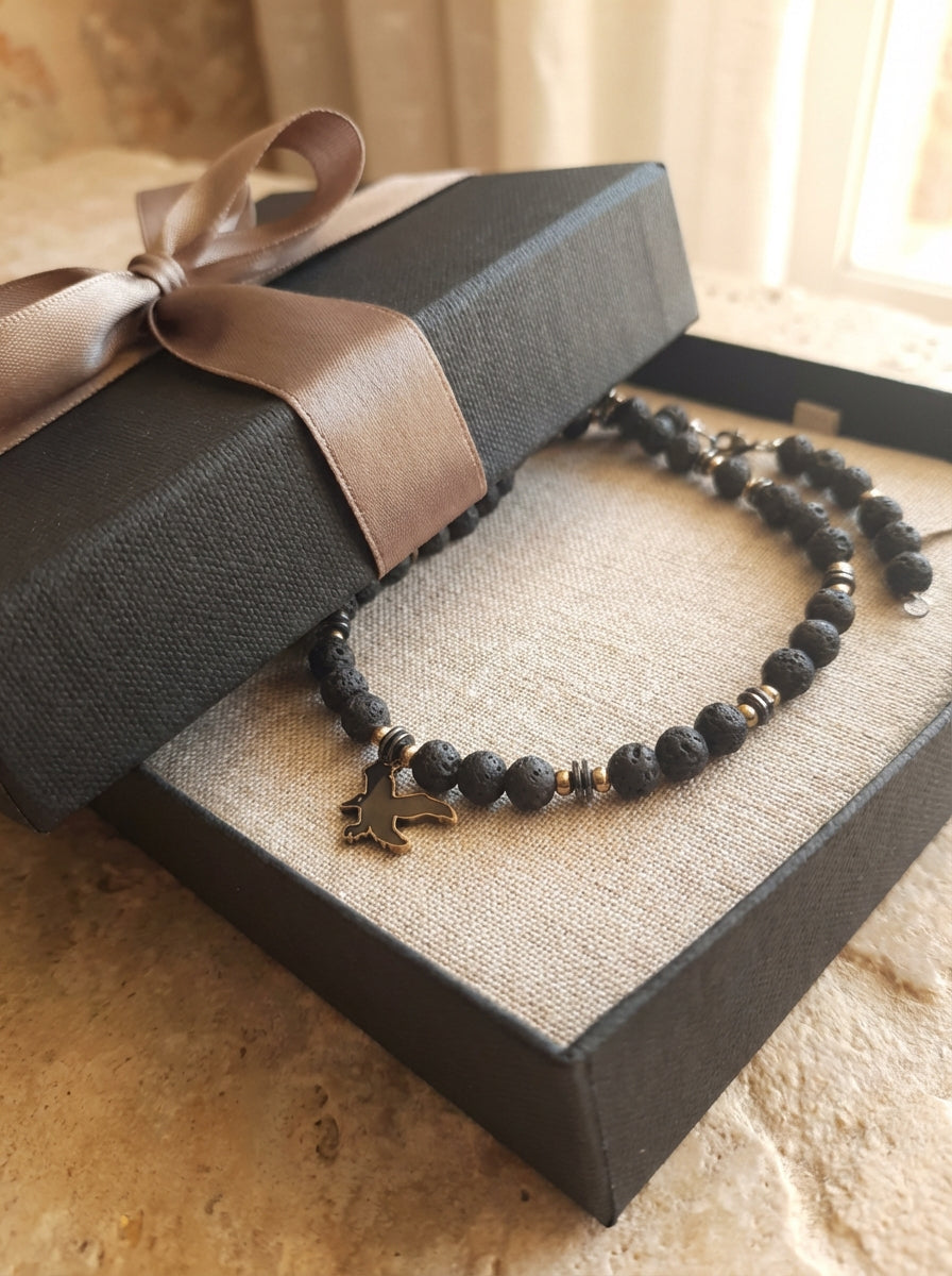 Lava Stone Necklace with Bronze Eagle Charm