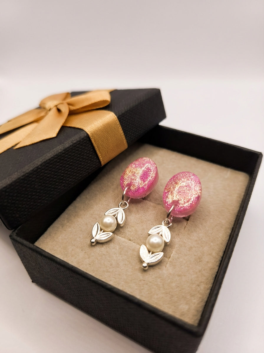 Pink Resin & Pearl Earrings with Silver Colour Heart Details
